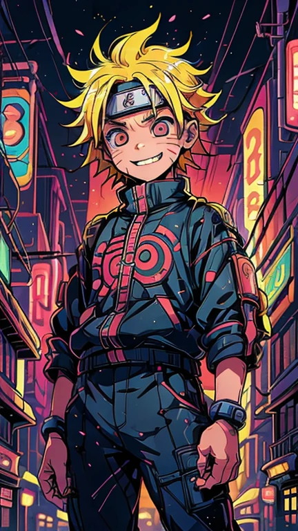 (8k),(masterpiece),(Japanese),(8-year-old boy),((innocent look)),((Childish)),From the front,smile,cute,Innocent,Kind eyes,Flat chest, Uzumaki Naruto,short,Hair blowing in the wind, Yellow Hair,Strong wind,night,dark, Neon light cyberpunk Konoha Village 