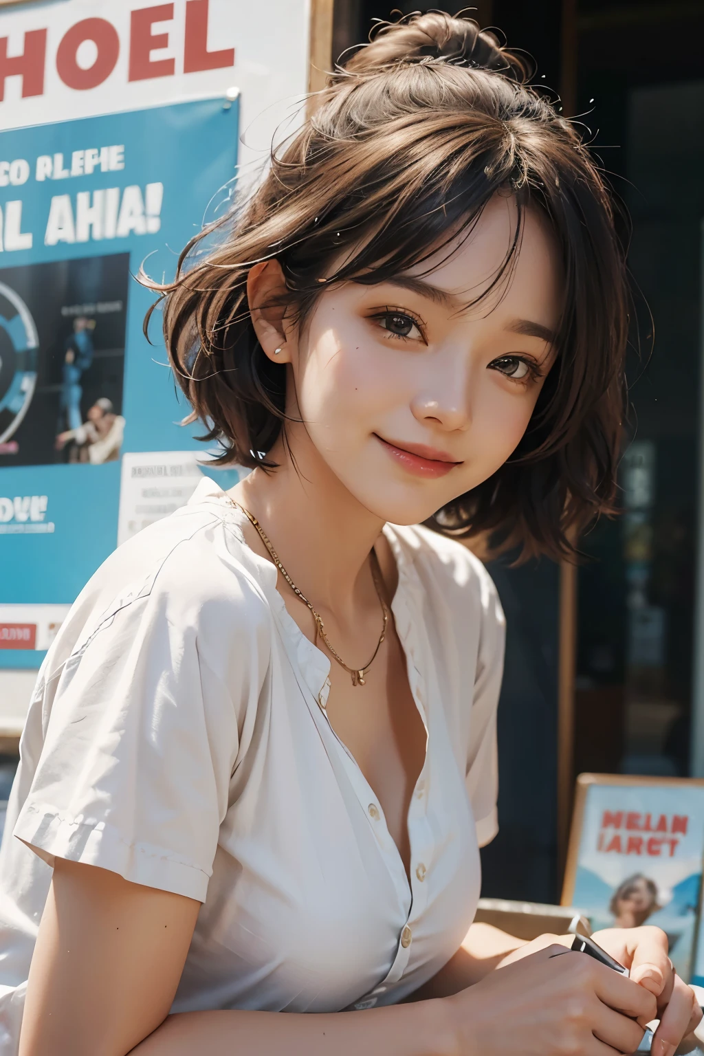 Close-up of a poster of a woman in a lively mood, Children's movie promotional image, movie poster, Animated Poster Movie Still Portrait, bloodstained clothes, Official Poster, Promotional poster, very - high - budget 영화, The girl is running,