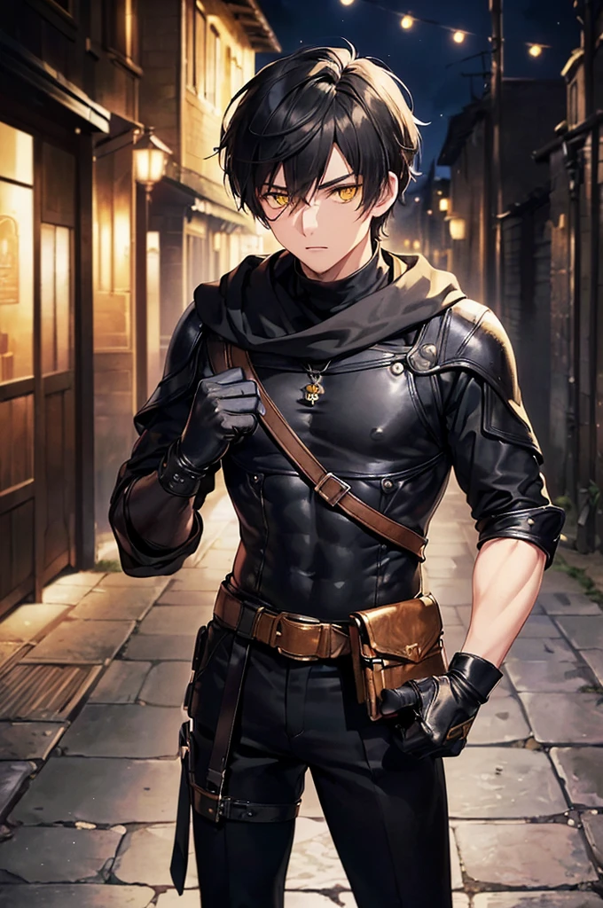 (masterpiece; best quality: 1.2), (finely detailed eyes: 1.3), ((25 year old man)), ((solo)), (yellow eyes: 1.4), (body; lithe, toned, masculine: 1.3), (very short black hair: 1.3), (beautiful and clear background: 1.2), ((depth of field)), (clothes: black assassin attire + black turtleneck + black pants + black fingerless gloves + black cloak + leather bracers + belts + traveler pouches and satchel: 1.3), (anime illustration: 1.2), (background; medieval slums alleyway + night: 1.1), (extremely fine and handsome: 1.1), (shot composition; standing + centered on torso + close-up: 1.5), (expression; calm, stoic: 1.2)