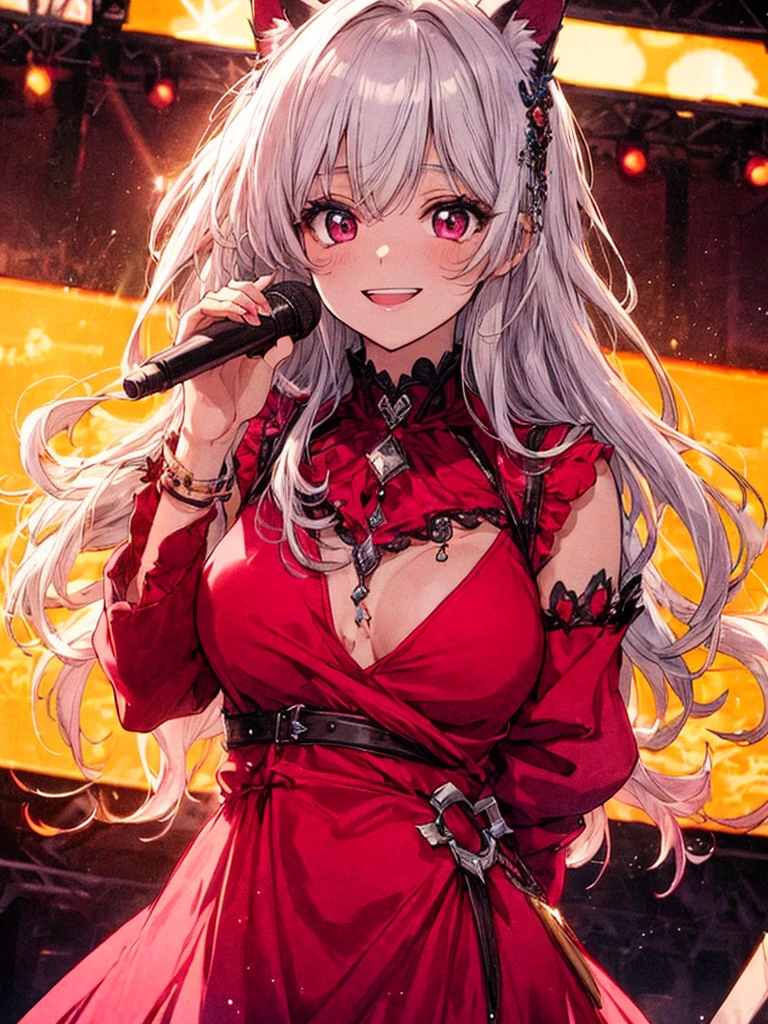 Highly detailed face,fine grain,Highlighted eyes, medium breasts ,pretty girl, smile shyly,Cat ear,Beautiful silver hair,Pink inside,Beautiful pink eyes,shiny skin, beautiful shadow,
Close-up of face, singing scene, dress scene, looking the viewer,
Represent idol in bright colors, Represent idol dress in colorful colors, Represent idol's singing voice in warm colors