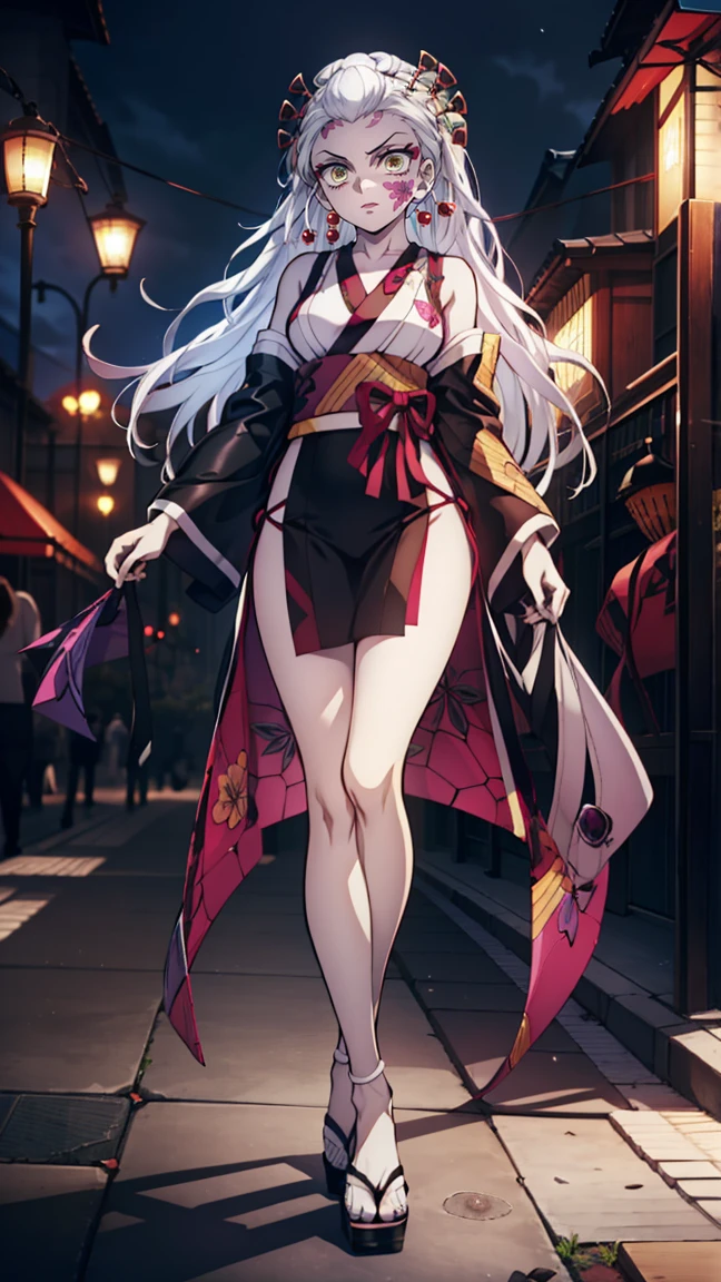 One Demon Girl, looks at the camera, Portrait of a girl, Beautiful waist, night, ancient japan, very sexy, grin, fangs обножены,  mouth open, fangs, smile, White hair, erotica, very sexy, beautiful body is completely visible, masterpiece, Best quality, full length (Full body 1.1.), Beautiful waist, good feet, high quality, long hair, White hair.  Highly detailed face, depth of field, HDR, very detailed, ray tracing, whole body, dark fantasy, Demon&#39;s tattoo, very beautiful, Beautiful ., 1 girl, solo, I look at the viewer, black hair, hair ornament, jewelry, closed mouth, green eyes, yellow eyes, japanese clothes, kimono, draw up, pomade, slit pupils, Brilliant eyes, wicked, Red lips, hair stick