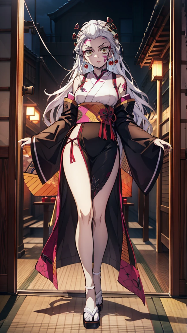 One Demon Girl, looks at the camera, Portrait of a girl, Beautiful waist, night, ancient japan, very sexy, grin, fangs обножены,  mouth open, fangs, smile, White hair, erotica, very sexy, beautiful body is completely visible, masterpiece, Best quality, full length (Full body 1.1.), Beautiful waist, good feet, high quality, long hair, White hair.  Highly detailed face, depth of field, HDR, very detailed, ray tracing, whole body, dark fantasy, Demon&#39;s tattoo, very beautiful, Beautiful ., 1 girl, solo, I look at the viewer, black hair, hair ornament, jewelry, closed mouth, green eyes, yellow eyes, japanese clothes, kimono, draw up, pomade, slit pupils, Brilliant eyes, wicked, Red lips, hair stick