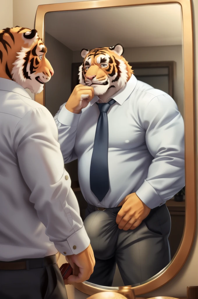 Author: bontiage, (1 boy), One, tiger, long sleeve plain shirt, necktie, Men's Second, kemono, hot body, muscle, Beautiful, sexual, Attractive guy, (Detailed black eyes), brows, (masterpiece, A high resolution, Best quality), 4K, a male, Beautiful shadow 