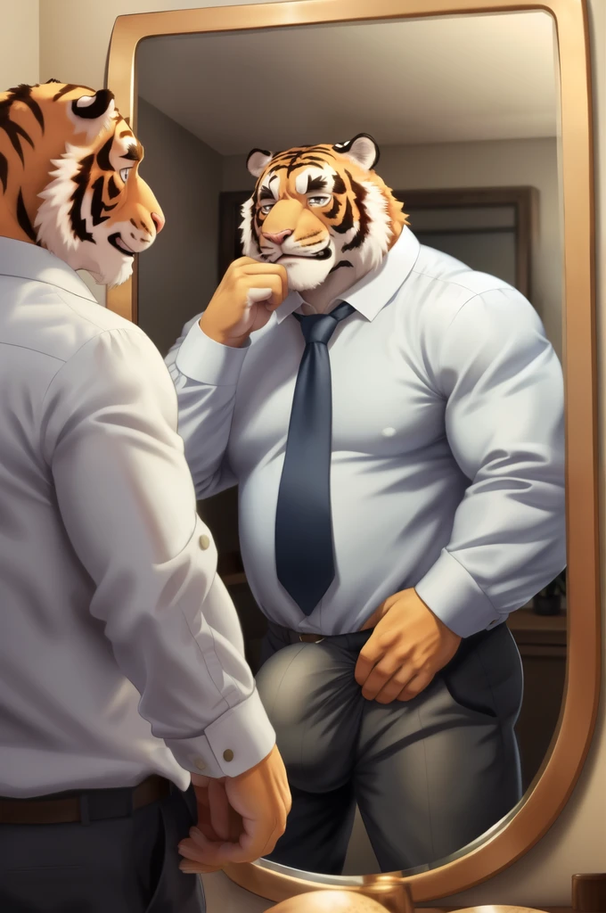 Author: bontiage, (1 boy), One, tiger, long sleeve plain shirt, necktie, Men's Second, kemono, hot body, muscle, Beautiful, sexual, Attractive guy, (Detailed black eyes), brows, (masterpiece, A high resolution, Best quality), 4K, a male, Beautiful shadow 