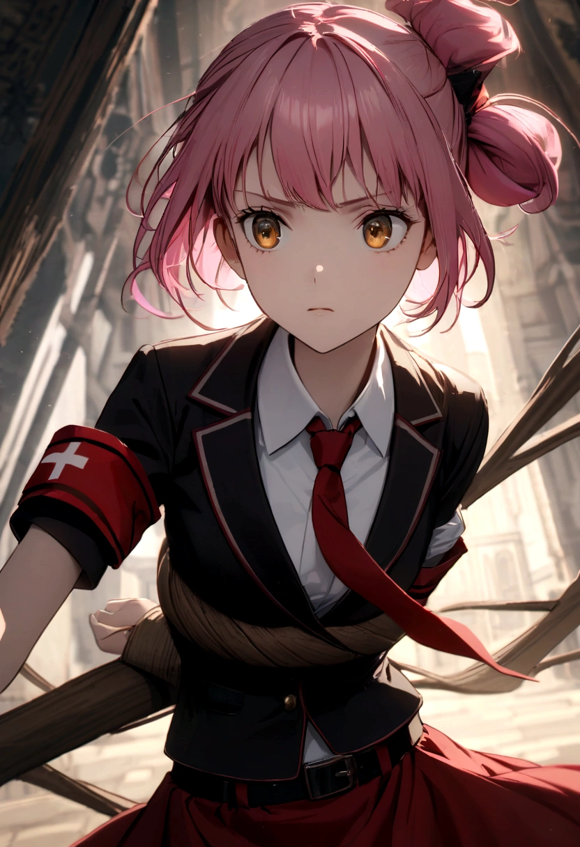 Pink hair girl, short hair, hair tied up on one side coconut hairstyle ,with red cross ornament where hair is tied up, wearing white shirt and black blazer and red skirt and red tie, with red armband,black belt, dark yellow eyes