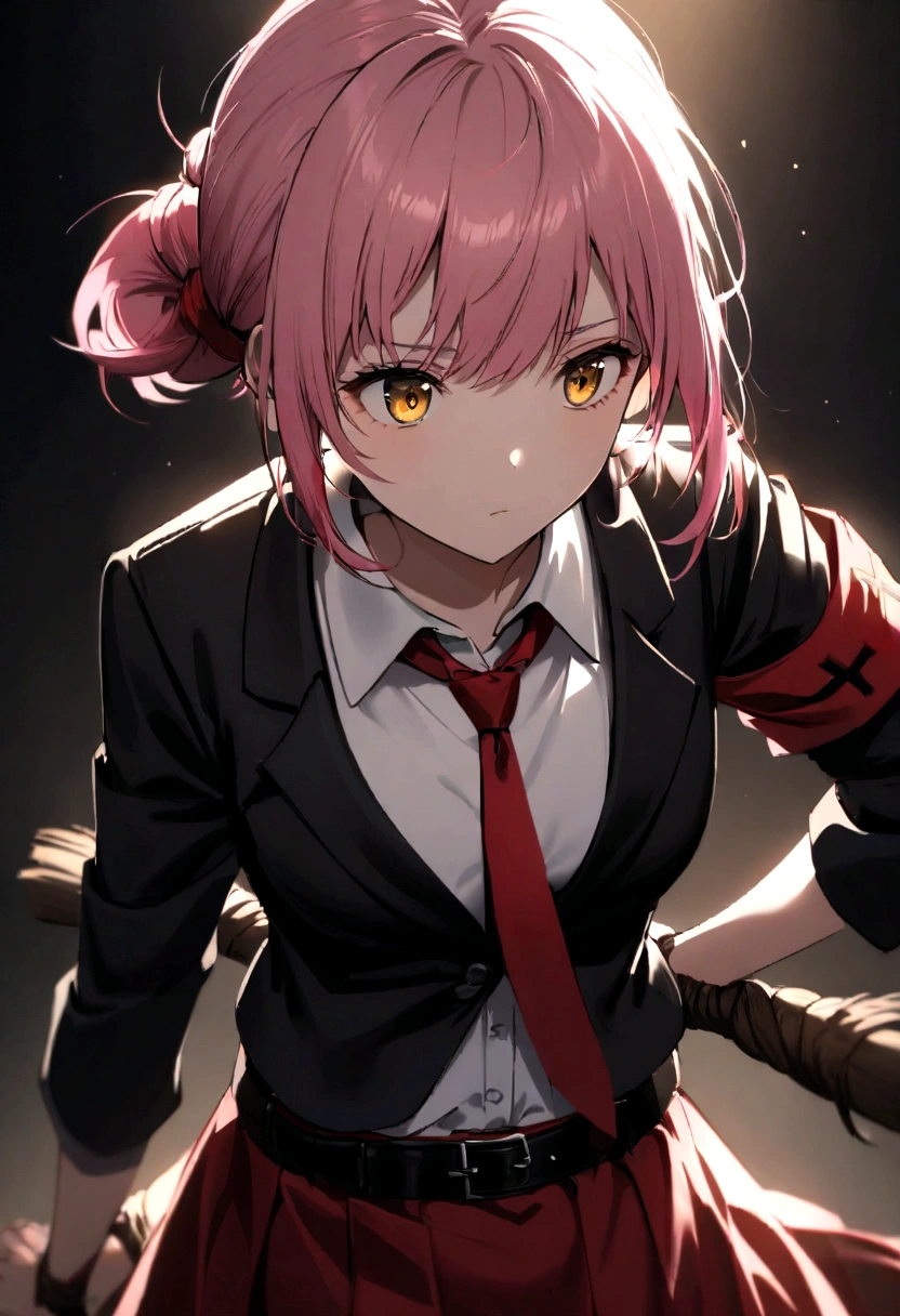 Pink hair girl, short hair, hair tied up on one side coconut hairstyle ,with red cross ornament where hair is tied up, wearing white shirt and black blazer and red skirt and red tie, with red armband,black belt, dark yellow eyes 