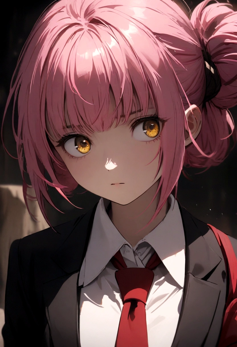 Pink hair girl, short hair, hair tied up on one side coconut hairstyle ,with red cross ornament where hair is tied up, wearing white shirt and black blazer and red skirt and red tie, with red armband,black belt, dark yellow eyes 