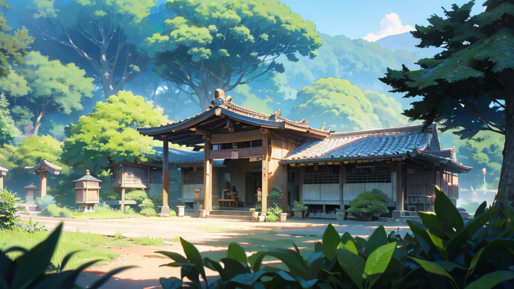 A detailed image prompt to recreate the provided anime-style scene could be:
A stunning, highly detailed anime-inspired landscape scene of a quaint rural Japanese village nestled in a lush, verdant forest. The village features traditional tiled-roof buildings, wooden bridges, and lanterns lining the winding dirt road. The environment is filled with vibrant greenery, including towering trees and overgrown foliage. The scene has a warm, nostalgic atmosphere, with soft natural lighting and a sense of tranquility. Render this in a cinematic, photorealistic style using advanced 3D and lighting techniques.