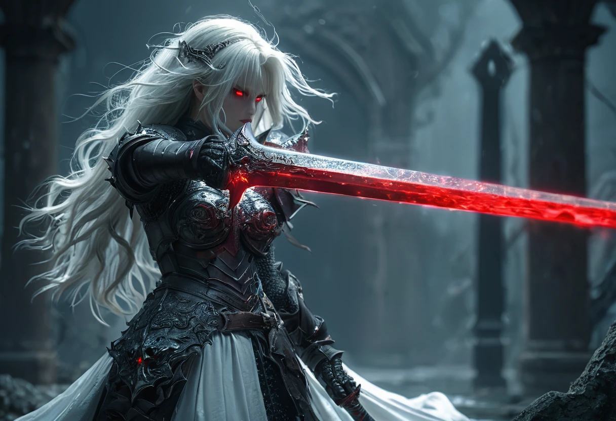 8k resolution, depth of field, photorealistic, lens flare, ((best quality)), (((intricate details))), highly detailed, (((cinematic effect))), looking at viewer,1girl,breasts,long hair, ((white hair with black highlights)), ponytail, glowing red eyes, serious and severe face, demonic armor, helmet in the shape of a blood red dragon head,holding, holding weapon, sword, holding sword, the blade and blood red color, night, (underworld,hells), well of cursed souls, the river styx, one of the 4 rivers of hell in the background,HD, no anatomical defects,masterpiece, best quality, hyper detailed, ultra detailed, super realistic