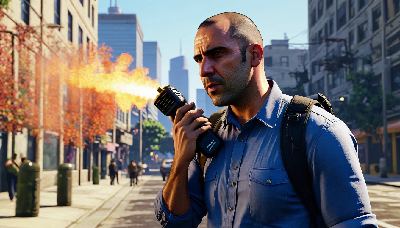 talking into the walkie-talkie(walkie-talkie: 1.8), walkie-talkie focus, walkie-talkie detailed, walkie-talkie near ear, cinematic color grading film, dramatic scene, photography, RAW, Masterpiece, ultra wide angle, standing in the bustling city of Los Santos, Ultra Fine Photo, (Trevor Phillips:1.3), Best Quality, Ultra High Resolution, Photorealistic, volumetric light, talking into a prominently visible walkie-talkie, intense expression, RAW photo, solo, (extremely detailed CG unity 8k wallpaper), of the most iconic character in GTA 5, professional photography, trending on CGSociety, Intricate detail, High Detail, Sharp focus, dramatic, photorealistic, urban, rugged look, (high detailed skin:1.2), 8k uhd, dslr, soft lighting, high quality, film grain, glossy, (Highest quality:1.3), (sharp focus:1.5), (photorealistic:1.3), (highly detailed skin), (detailed face), (high detailed skin:1.2), (glistening skin:1.2), Trevor Phillips, (highly detailed skin textures:1.15), (detailed face), (high detailed skin:1.2), (glistening skin:1.15), (urban clothing:1.5), GTA 5, Los Santos, (daytime:1.2), clear sky, film grain, glossy, reflections, confident stance, prominently featuring Trevor talking into the walkie-talkie, professional look