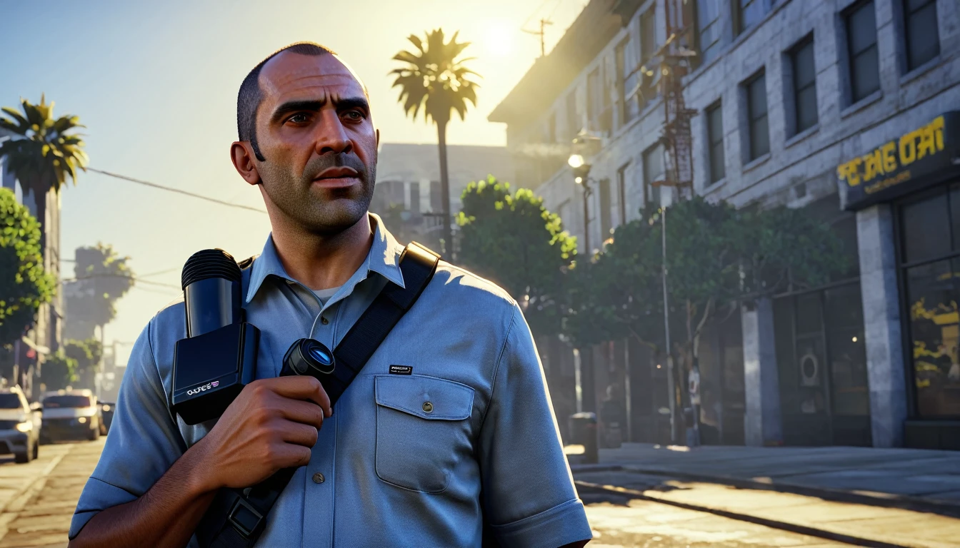 talking into the walkie-talkie(walkie-talkie: 1.8), walkie-talkie focus, walkie-talkie detailed, walkie-talkie near ear, cinematic color grading film, dramatic scene, photography, RAW, Masterpiece, ultra wide angle, standing in the bustling city of Los Santos, Ultra Fine Photo, (Trevor Phillips:1.3), Best Quality, Ultra High Resolution, Photorealistic, volumetric light, talking into a prominently visible walkie-talkie, intense expression, RAW photo, solo, (extremely detailed CG unity 8k wallpaper), of the most iconic character in GTA 5, professional photography, trending on CGSociety, Intricate detail, High Detail, Sharp focus, dramatic, photorealistic, urban, rugged look, (high detailed skin:1.2), 8k uhd, dslr, soft lighting, high quality, film grain, glossy, (Highest quality:1.3), (sharp focus:1.5), (photorealistic:1.3), (highly detailed skin), (detailed face), (high detailed skin:1.2), (glistening skin:1.2), Trevor Phillips, (highly detailed skin textures:1.15), (detailed face), (high detailed skin:1.2), (glistening skin:1.15), (urban clothing:1.5), GTA 5, Los Santos, (daytime:1.2), clear sky, film grain, glossy, reflections, confident stance, prominently featuring Trevor talking into the walkie-talkie, professional look