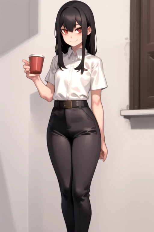 whole body, 1 girl, standing alone, chestnut hair, ssmile, looking to the down, secretary, Eyes red, cups, detailded , pants, waist belt, shorth hair, Bblack hair, white shirt, black pants, KelvinHiuArtist hair ,flat-colors, ,outline,