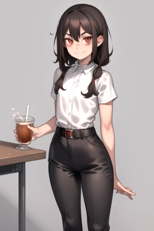 whole body, 1 girl, standing alone, chestnut hair, ssmile, looking to the down, secretary, Eyes red, cups, detailded , pants, waist belt, shorth hair, Bblack hair, white shirt, black pants, KelvinHiuArtist hair ,flat-colors, ,outline,