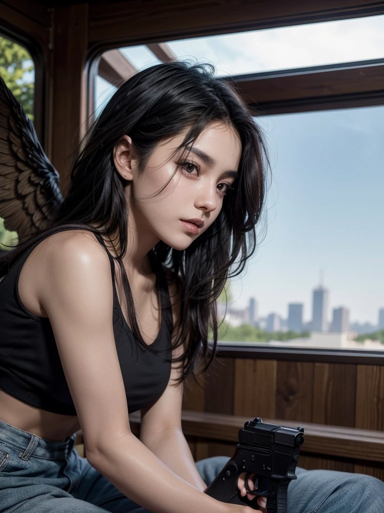 black-haired man with brown eyes, around 20 years old, very attractive without tattoos, with a beautiful profile and wings of a woman with black hair and dark brown eyes, and she has a gun behind her 