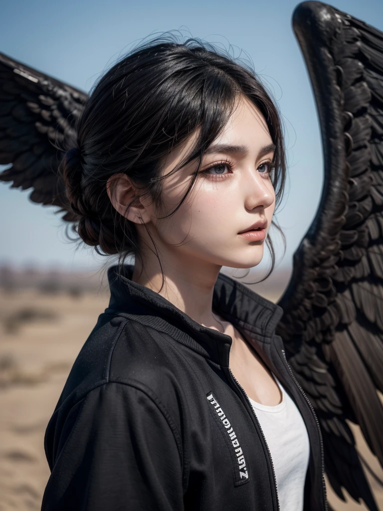 black-haired man with brown eyes, around 20 years old, very attractive without tattoos, with a beautiful profile and wings of a woman with black hair and dark brown eyes, and she has a gun behind her