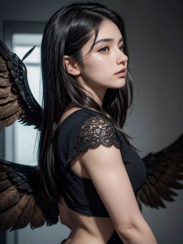 black-haired man with brown eyes, around 20 years old, very attractive without tattoos, with a beautiful profile and wings of a woman with black hair and dark brown eyes, and she has a gun behind her