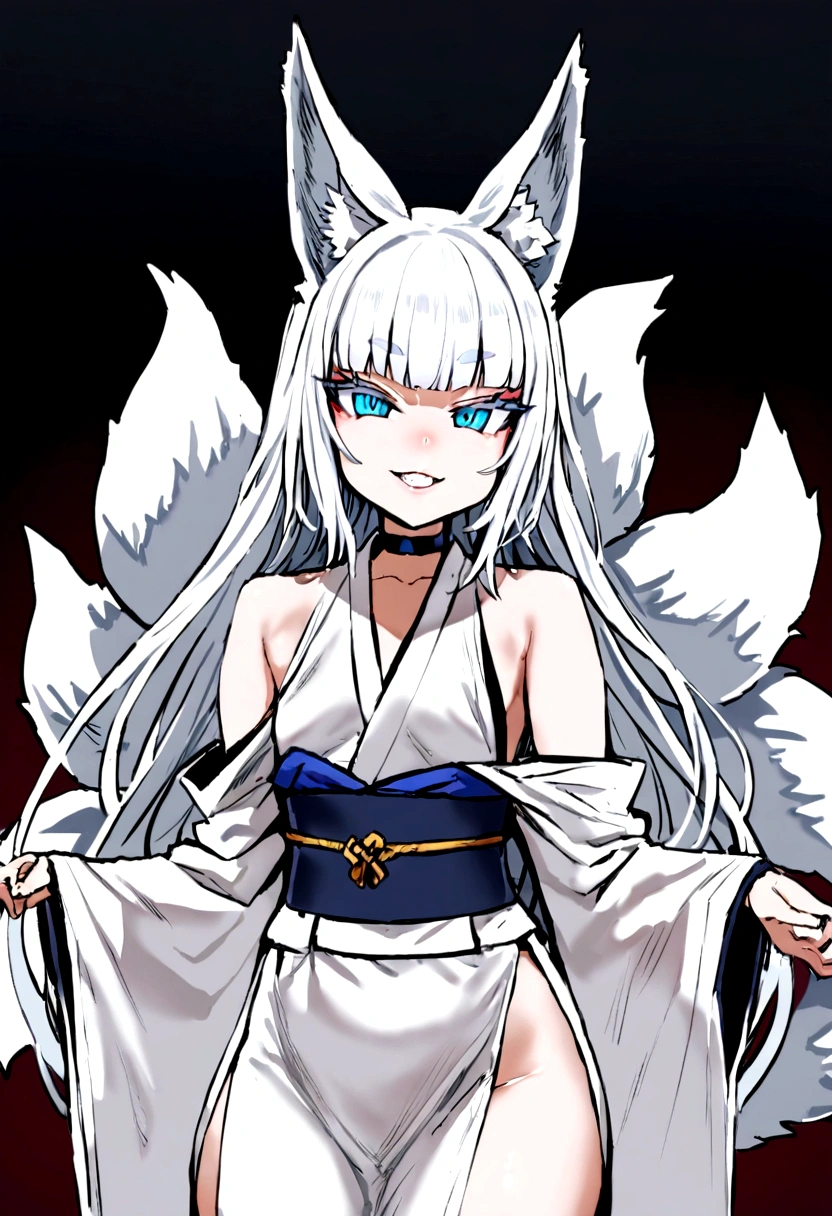 masterpiece, best quality, kitsune 1girl, solo, beautiful kitsune woman, fox ears, bangs, white hair, very long hair, blue eyes, grin, small breasts, black choker, shoulderless kimono, white kimono, long kimono, long kimono sleeves, blue sash, 5 white fox tails, white hair, looking at viewer, tempol background