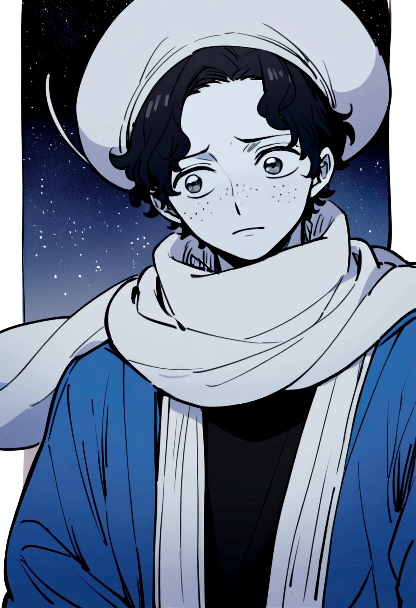1 chico , cheered up , from onepiece , looking melancholy at the sky , looking at the stars , short wavy black hair , white skin with slight freckles , neutral eyes without shine royal blue color , black shirt , white scarf , gray open sweater , White cap
