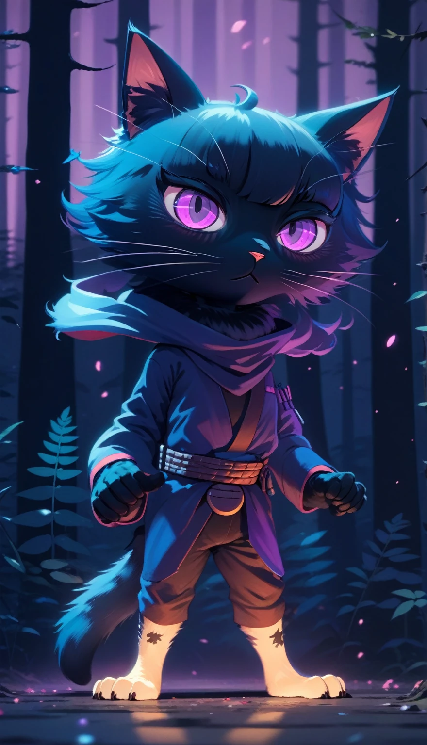 Close-up of a cat with purple eyes in the forest, anthropomorphic cat ninja, Cute detailed digital art., Killer cat, High quality 8K detailed artwork., cute digital paintings, 4K detailed digital art, samurai cat, Beeple and Jeremiah Ketner, ninja cat, Great digital art illustration, Highly detailed 4k digital art., cyberpunk cat action ninja