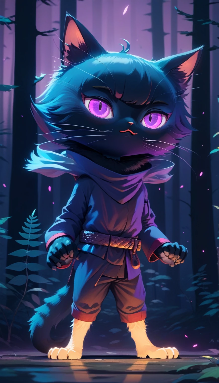 Close-up of a cat with purple eyes in the forest, anthropomorphic cat ninja, Cute detailed digital art., Killer cat, High quality 8K detailed artwork., cute digital paintings, 4K detailed digital art, samurai cat, Beeple and Jeremiah Ketner, ninja cat, Great digital art illustration, Highly detailed 4k digital art., cyberpunk cat action ninja