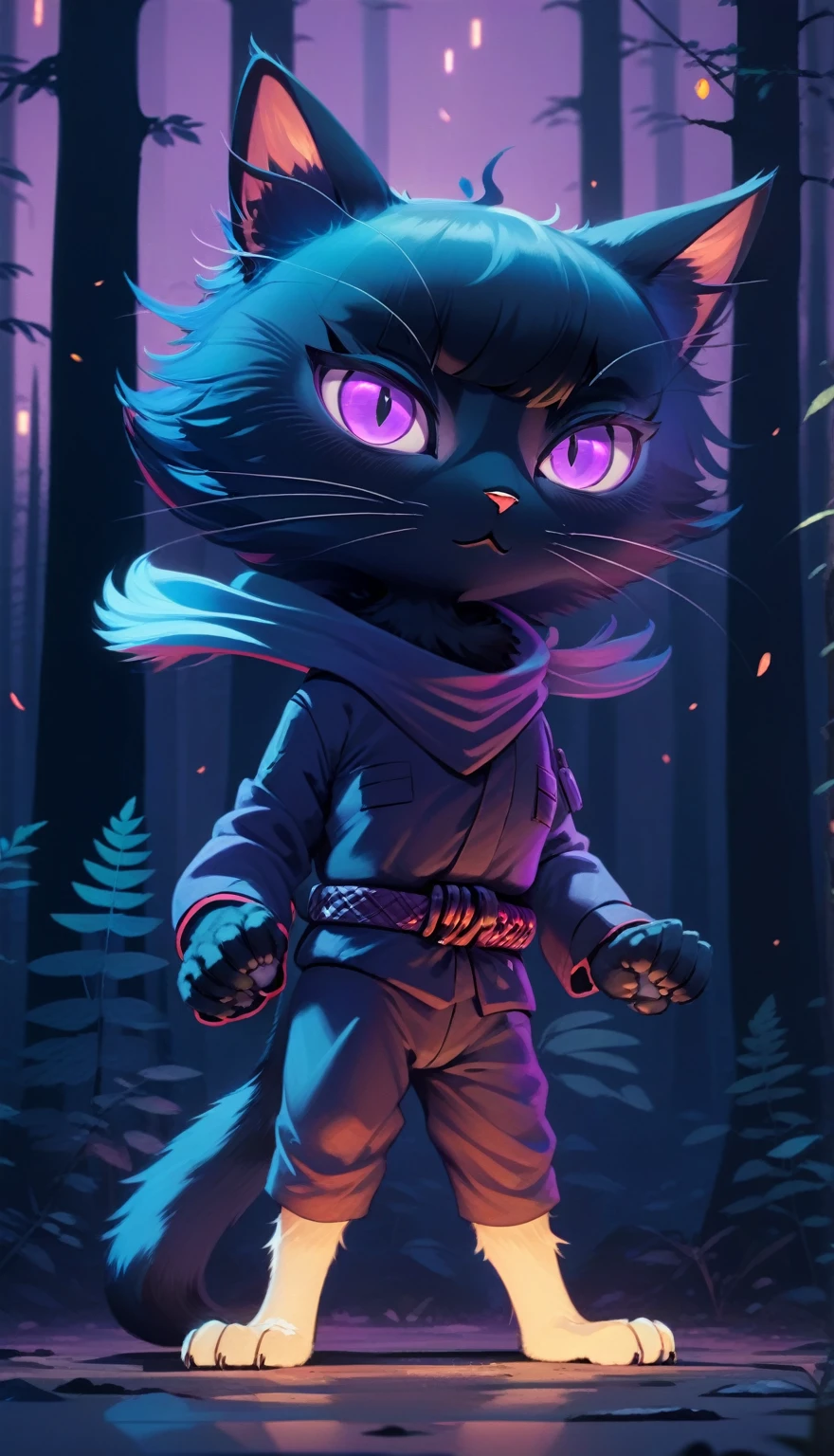 Close-up of a cat with purple eyes in the forest, anthropomorphic cat ninja, Cute detailed digital art., Killer cat, High quality 8K detailed artwork., cute digital paintings, 4K detailed digital art, samurai cat, Beeple and Jeremiah Ketner, ninja cat, Great digital art illustration, Highly detailed 4k digital art., cyberpunk cat action ninja