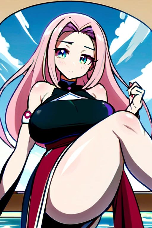 Shy and chubby girl, sturdy body, generous breasts, Broad Hips, thick legs and thick thighs, a delicate face and beautiful mint eyes, shorth hair, pink and purple straight hair, lifting the leg up