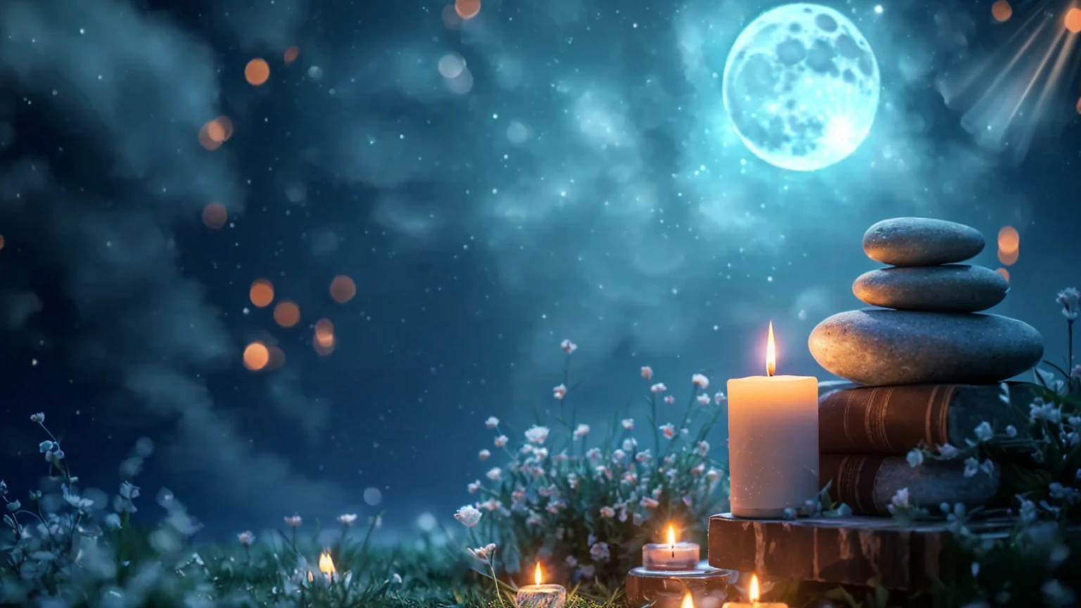 There is a candle and a stone on the table on the grass, night with Moon and candle, Moon and candle, Dreamy atmosphere of a moonlit night, Magic Background, Background artwork, Magical atmosphere, Moonlit Starry Sky Environment, Moonlight on top background, Beautiful Wallpapers, Candlelight, Sweet Night Ambient, Magical Scene, Peaceful atmosphere, Moonlight Background, Night Background