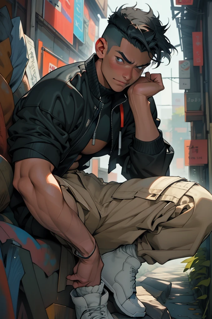Highest image quality,male people,1 boy,Young and handsome,shoun,Short flat top hair,Dark skin,anime,anime wallpaper,Solo,malefocus,Briefs,Dilation of the pectoral muscles,Bulging crotch,Urban background,spread their legs,Sexy,(Masterpiece, Best quality),Long white socks,Martin boots,CG sense,Dark atmosphere,8K,Cinematic lighting effects