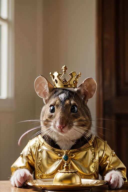 mouse with a crown and a gold plate