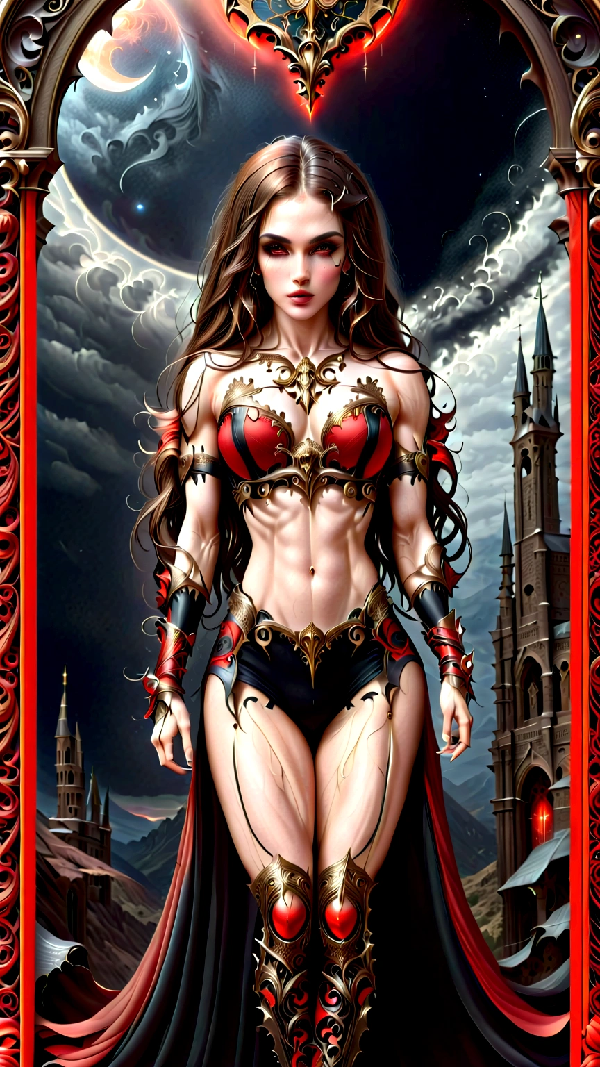 (megan fox:1.25), (muscular:1.5), (full body view:1.25), (red and black colors:1.46), (woman:1.1),(very muscular bodybuilder girl:1.25), (huge upper body:1.25), (narrow hips:1.0), long hair, (gothic intricate ornate vampiric armor:1.25), (gauntlets:1.0), (shoulder armor:1.1), ((tarot style frame:1.25)), (glowing red eyes:1.25), (huge muscular arms:1.5,), (10-pack abs:1.4), (lots of veins:1.25), (horror:1.0), (esoteric:1.1), (solo:1.4), (dynamic angle:1.0), (cowboy shot:1.0), thin legs, Realistic, Very detailed face and eyes, (masterpiece:1.1), (best quality:1.1), (ornate:1.1), (beautiful girl face:1.25)