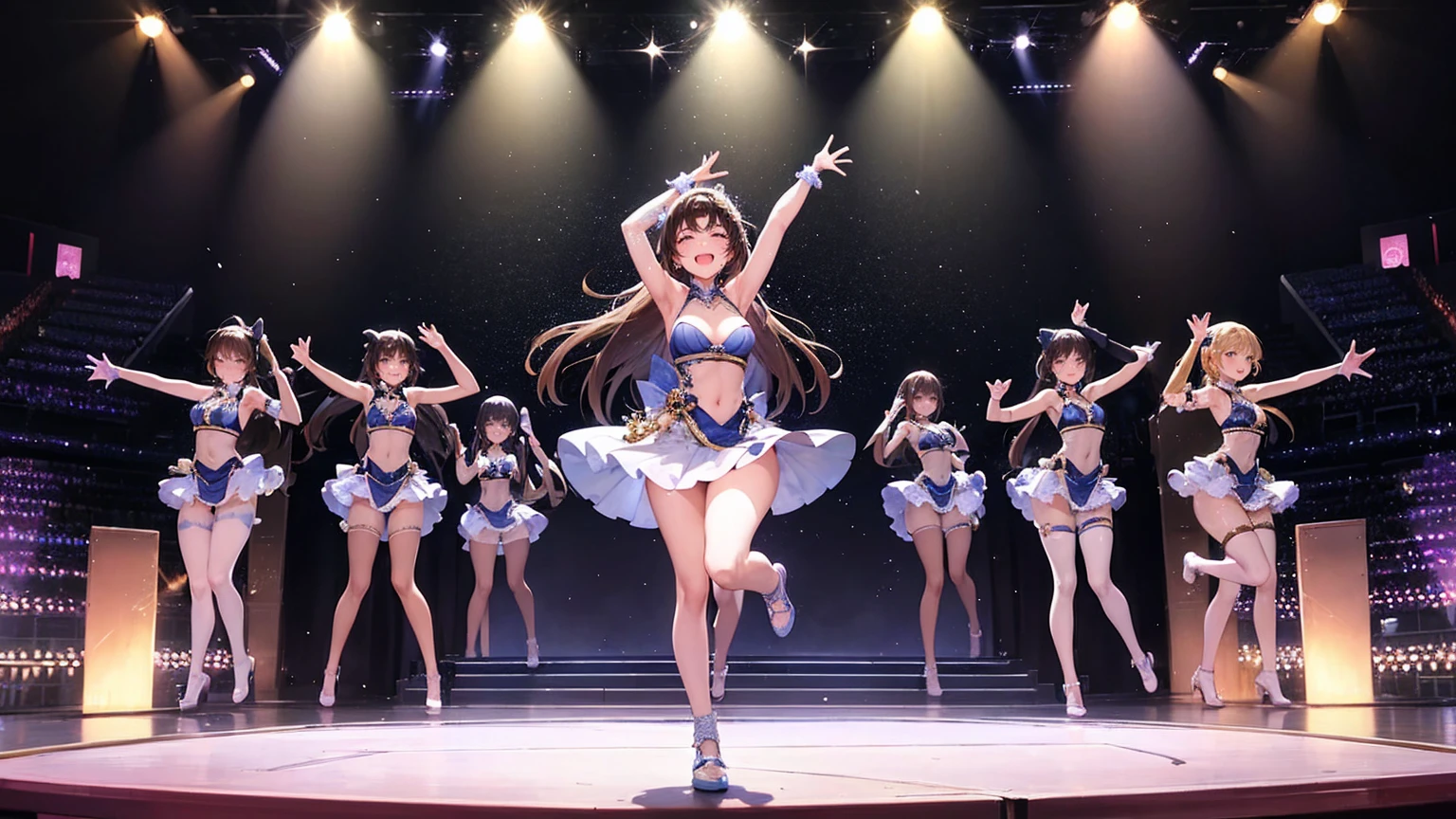 A scene where three cute girls perform a sexy dance. The costumes are super sexy, mainly white.