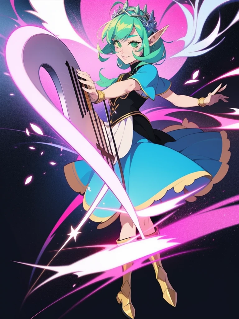 An elf, holding a lyre, green eyes, woman, Pink hair with blue streaks, prismatic lighting,  whole body, flowing hair, flower crown, full body, wearing boots and dress.
