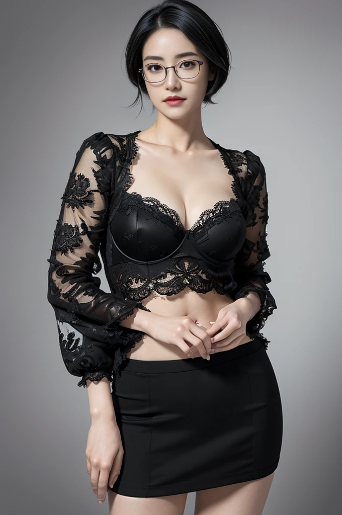 (masterpiece), (Highest quality), (High resolution), detailed, (複雑なdetailed 1.2), (Hyper detailed 1.4), (Gorgeous Digital Art 1.2), One girl, Mature Woman, masterpiece, Mistress showing her bra, goddess,short hair ,((Black Hair)),Glasses, mini skirt,