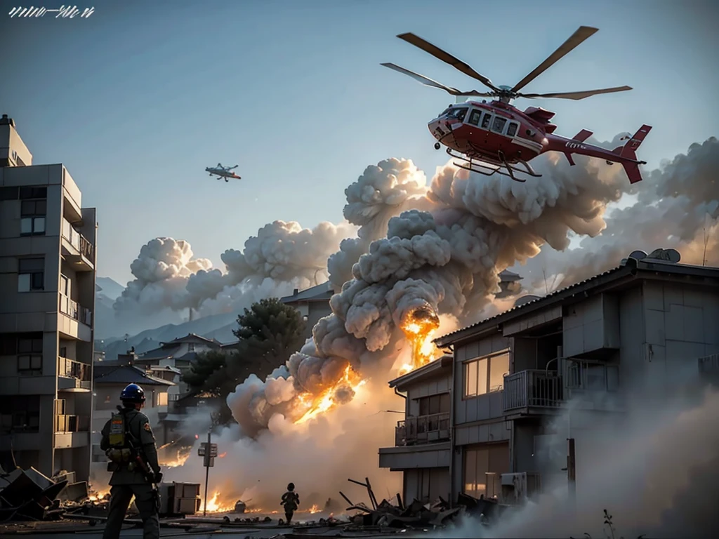 battlefield background。burning residential building,fire,Helicopter in the sky