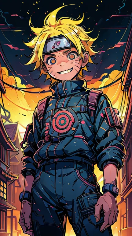 (8k),(masterpiece),(Japanese),(8-year-old boy),((innocent look)),((Childish)),From the front,smile,cute,Innocent,Kind eyes,Flat chest, Uzumaki Naruto,short,Hair blowing in the wind, Yellow Hair,Strong wind,night,dark, Neon light cyberpunk Konoha Village 