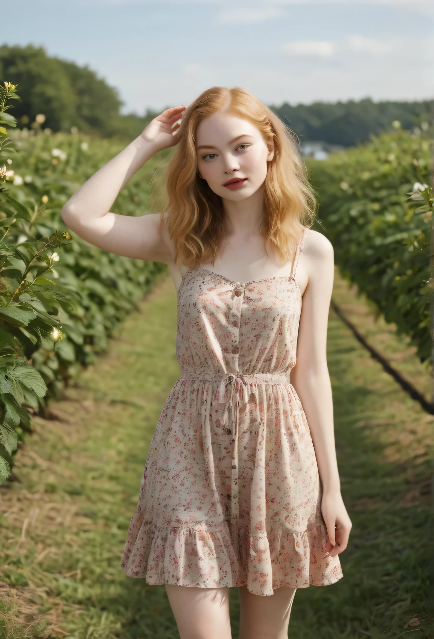 A young woman with a pear-shaped body, ((narrow shoulders)), small breasts, ((narrow waist)), ((wide hips, and full, rounded thighs)). She has smooth, pale skin, long wavy strawberry blonde hair, large almond-shaped hazel eyes with thick dark lashes, a heart-shaped face, high cheekbones, a small upturned nose, and full rosy lips, arms raised, floral sundress