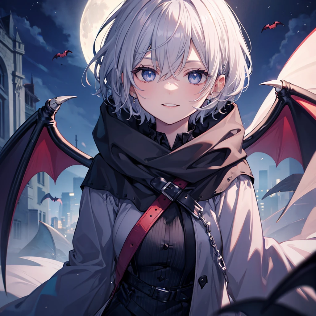 ((((vampire　Inflammation))))　(((Gray Hair　short hair　blue eyes　woman　Center close-up)))，((night　full moon　My own big wings))，(Wearing a hood　Black camisole　Purple light　Wearing a cloak)，　A strained smile　Shining Background　Shining Edges