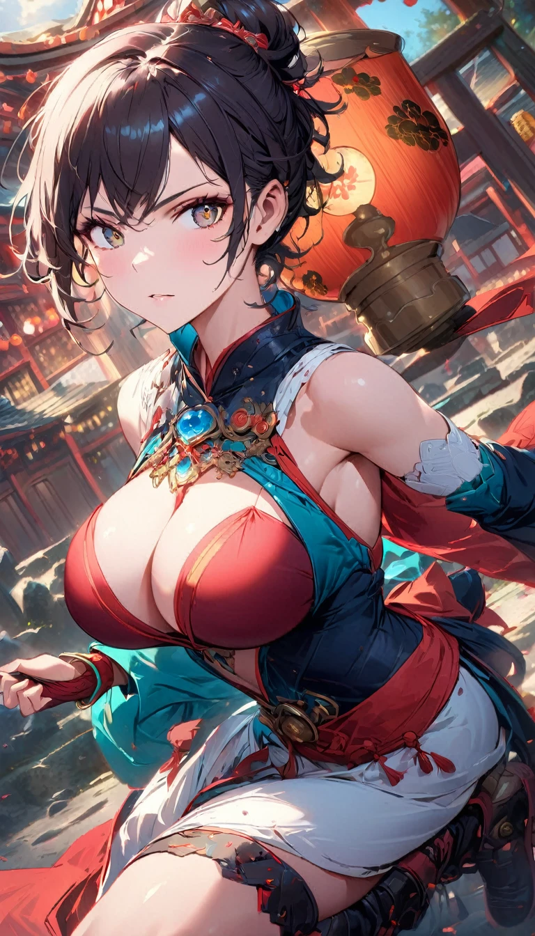 best quality,4k,8k, highres, masterpiece:1.2), extremely detailed eyes, extremely detailed body, (large masterpiece digital art), (detailed manga illustration), (detailed line art), ((perfect anatomy)), (intricate details:1.3), (ultra-detailed:1.3), (illustration:1.3), (sharp focus:1.3), (natural lighting:1.05), (vivid colors:1.3), (masterpiece), best quality, expressive eyes, perfect face, 1 girl, breasts, cleavage, gloves, large breasts, traditional clothes, cerulean clothes, black hair, short hair, messy hair, dark brown eyes, hourglass physique, loose-fitting pants, fighting stance, large ass, pale skin, shrine maiden, tomboy, combat boots, cinematic lighting, dramatic atmosphere, Beautiful woman, dragon spear in hand, Jeff Bridges, ((cartoon style)), Marvel Cinematic Universe style, (((Japanese shrine in the background))), soft bokeh of Japan, Atey Ghailan, Jeremy Mann, Greg Manchess, Antonio Moro, trend in ArtStation, trend in CGSociety, Intricate, High Detail, Sharp focus, dramatic and photorealistic painting art by Midjourney and Greg Rutkowski,