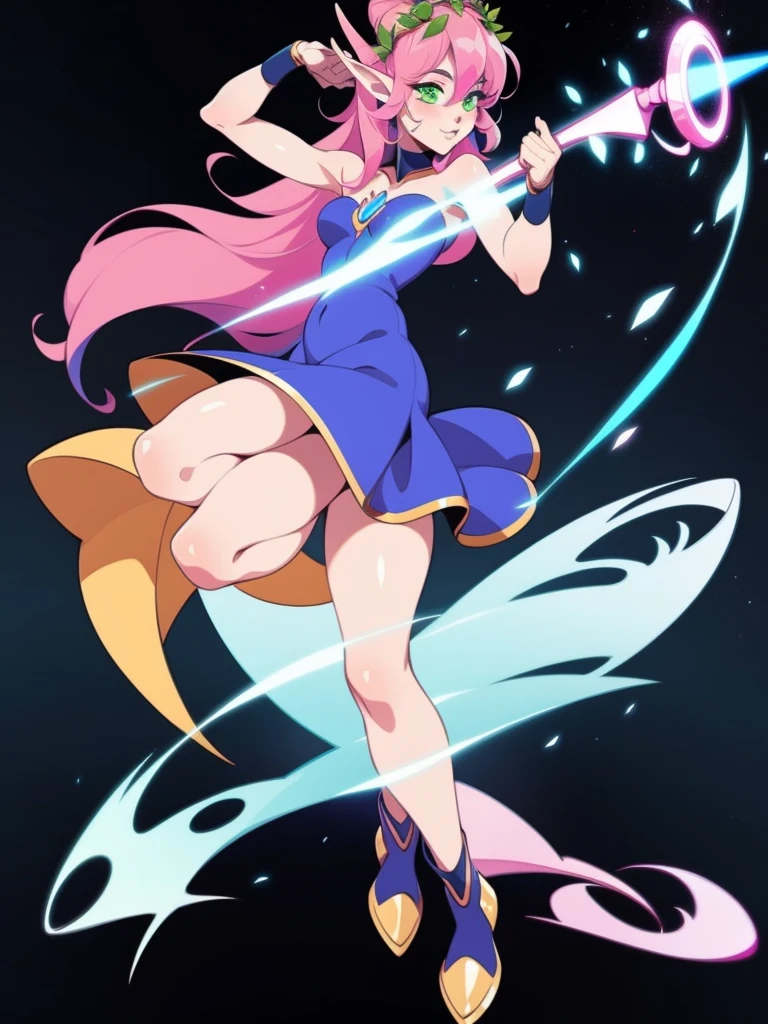 An elf, holding a lyre, green eyes, woman, Pink hair with blue streaks, prismatic lighting, whole body, flowing hair, flower crown, full body, wearing boots and dress.