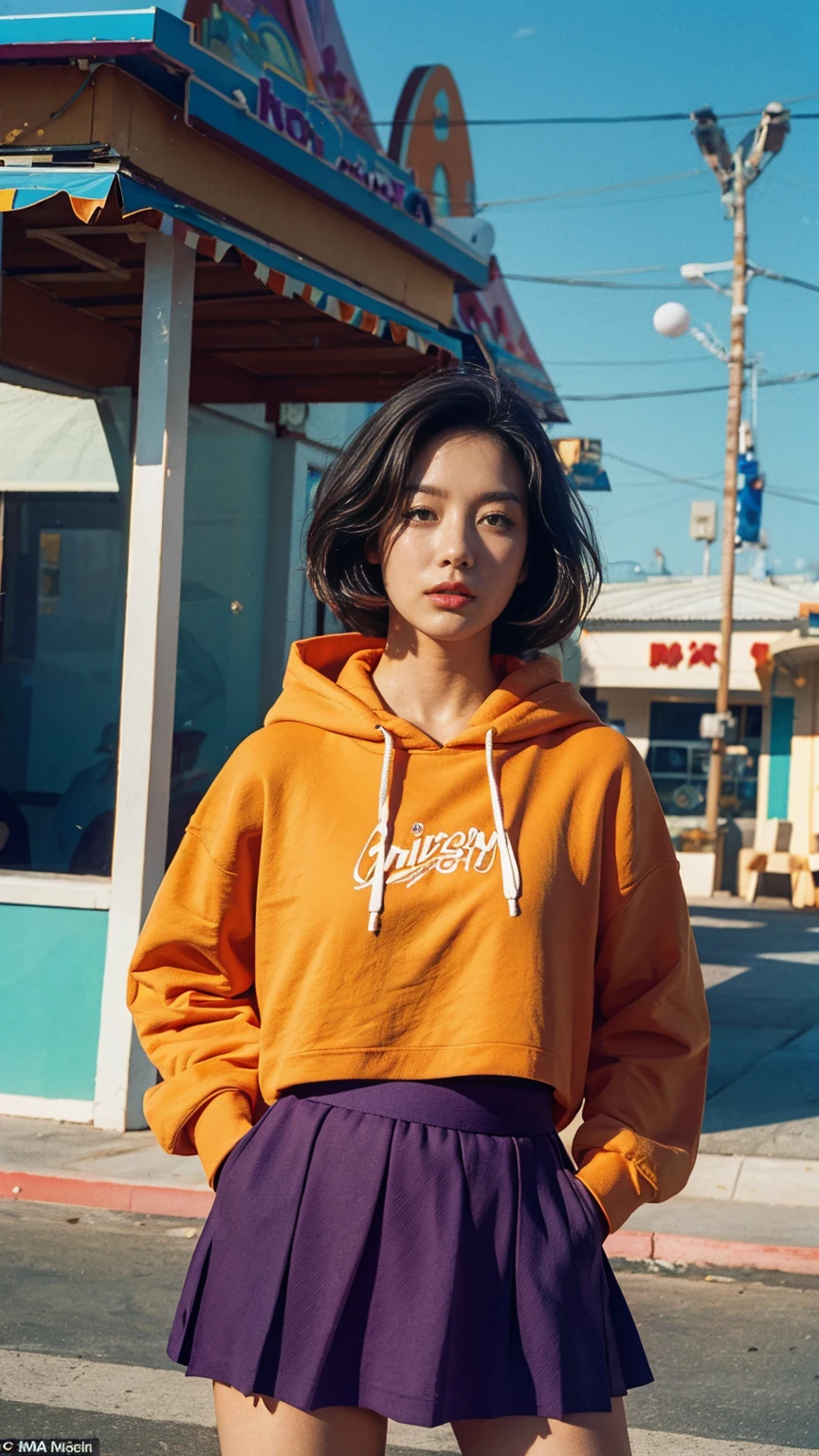 portrait of a 23 yo girl, plum body ,wear ((orange color oversized hoodie)), wear ((purple tennis skirt)),looking front,Best Quality,Masterpiece,Ultra High Resolution,(Realisticity:1.4),Original Photo, 1Girl, light leak,ultra high resolution,UHD,beautiful, (black bob hair), almond eye, no makeup, in front of (80's mondrian architecture motel), (realistic:1.2), (surreal:1.3), (very detailed:1.1), ((masterpiece)),summer, blue sky, palm trees,sunny, los angles vibes,film camera, 800mm lens,style of Philip Lorca diCorcia