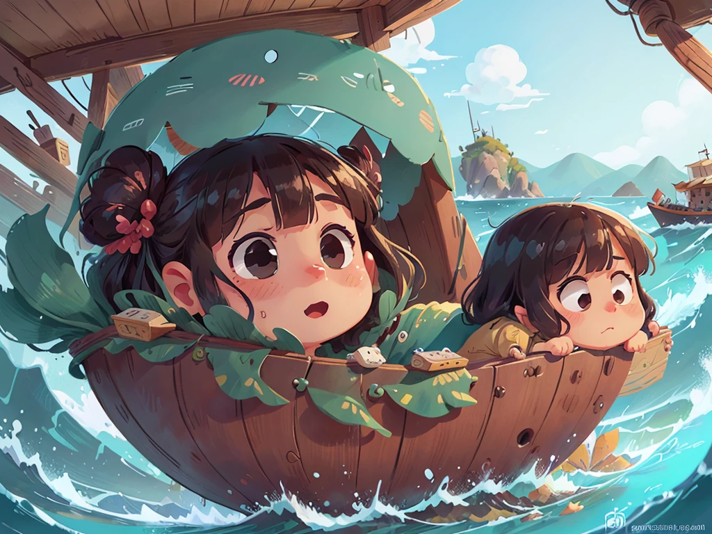 卡通Boat，Surrounded by beautiful sea,This illustration is a 4K high-definition illustration，The facial features are rich in detail，Cartoon Style，卡通Boat，Boat，The details are clear，