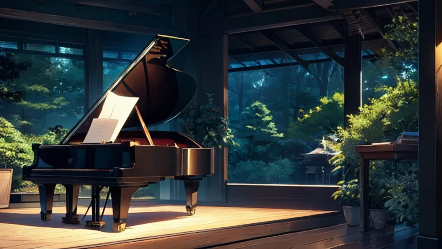 There is a grand piano on a wooden stand in the room., Piano in the background, ( ( makoto shinkai ) ), in Makoto Shinkai&#39;s Style, Studio Greeble Makoto Shinkai, Atei Gailan Style, Makoto Shinkai&#39;s Style, Quiet and peaceful atmosphere, Anime Background Art, mokoto shinkai