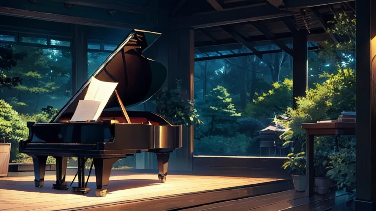 There is a grand piano on a wooden stand in the room., Piano in the background, ( ( makoto shinkai ) ), in Makoto Shinkai's Style, Studio Greeble Makoto Shinkai, Atei Gailan Style, Makoto Shinkai's Style, Quiet and peaceful atmosphere, Anime Background Art, mokoto shinkai