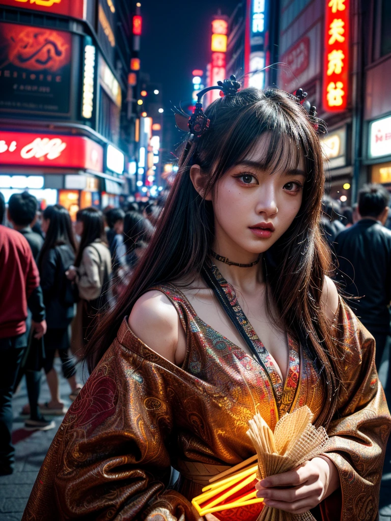 (masterpiece, cinematic photograph capturing the bustling streets of Shibuya, Japan, adorned with a procession of "oni" - traditional Japanese demons, parading through the night under the gaze of the intrigued crowd:1.3), (meticulously composed to convey the dynamic energy of the scene and the mystique of the "oni" creatures:1.2), (the intricate details of the "oni" costumes and the expressions of the people in the crowd adding depth to the visual narrative:1.1), (meticulous attention given to the neon-lit surroundings and the vivid contrast between the "oni" and the modern cityscape:1.1), (the chosen camera, a Canon EOS 5D Mark IV, renowned for its low-light performance, effectively capturing the vibrant atmosphere of the scene:1.1), (paired with a Canon EF 24-70mm f/2.8L II USM lens, allowing for versatility and sharpness in the wide-angle composition:1.1), (a portrayal that evokes a sense of enchantment and cultural fusion in the heart of a bustling city:1.1), (an image that invites viewers to immerse themselves in the urban fantasy and explore the intersection of tradition and modernity:1.1), (an artwork that encapsulates the vibrant nightlife of Shibuya and the captivating allure of the "oni" parade:1.1), (an invitation to witness a unique blend of myth and reality, captured in a cinematic frame:1.1), (a photographic journey that transports the audience to the lively streets of Tokyo's most iconic district:1.1)), Cinematic, Hyper-detailed, insane details, Beautifully color graded, Unreal Engine, DOF, Super-Resolution, Megapixel, Cinematic Lightning, Anti-Aliasing, FKAA, TXAA, RTX, SSAO, Post Processing, Post Production, Tone Mapping, CGI, VFX, SFX, Insanely detailed and intricate, Hyper maximalist, Hyper realistic, Volumetric, Photorealistic, ultra photoreal, ultra-detailed, intricate details, Super detailed, Full color, Volumetric lightning, HDR, Realistic, Unreal Engine, 16K, Sharp focus, Octane render