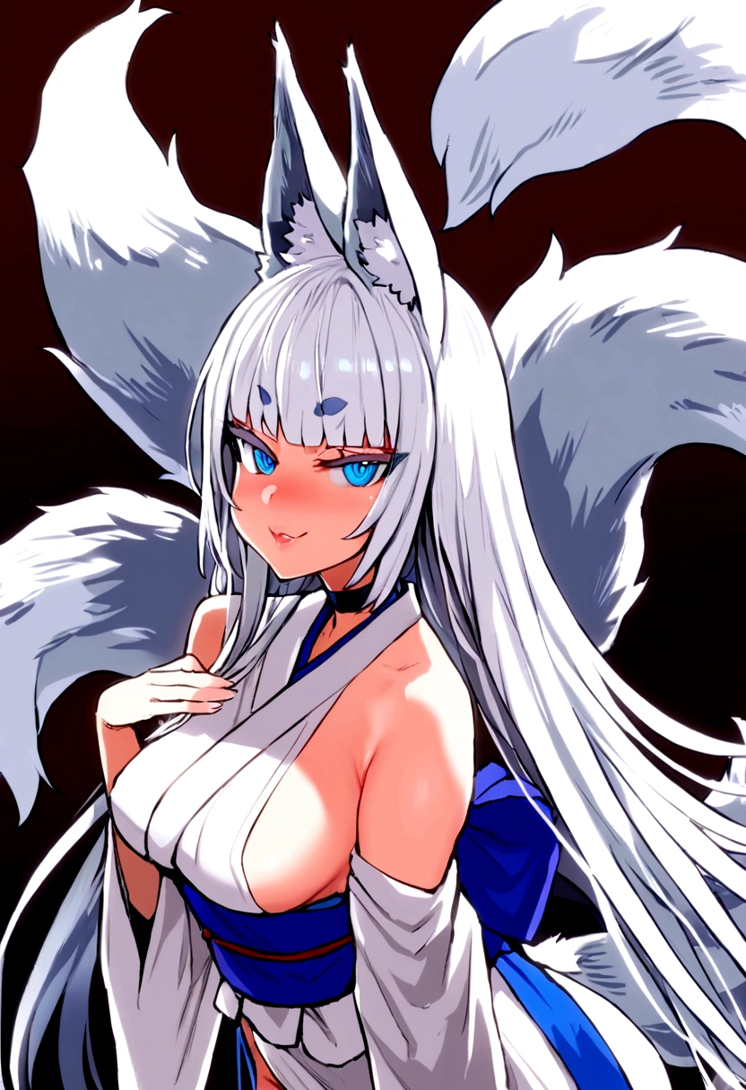 masterpiece, best quality,  kitsune 1girl, solo, beautiful kitsune woman, fox ears, bangs, white hair, very long hair, blue eyes, smug, medium breasts, black choker, shoulderless kimono, white kimono, long kimono, long kimono sleeves, blue sash, 5 white fox tails, white hair, looking at viewer 