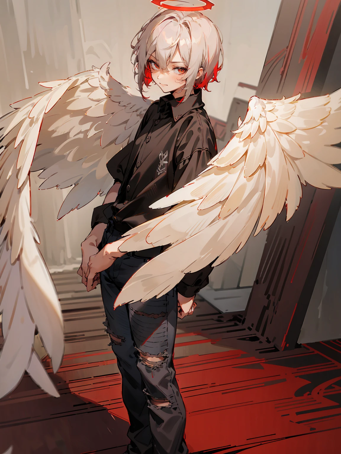 1male, Adult, Two Tone Hair, Crimson and White Hair, Short Hair, Undercut Hair, Red Angel Halo, Black Wings, Golden Eyes, Smirk, Black Flannel Shirt, Black Ripped Jeans, Standing On Path