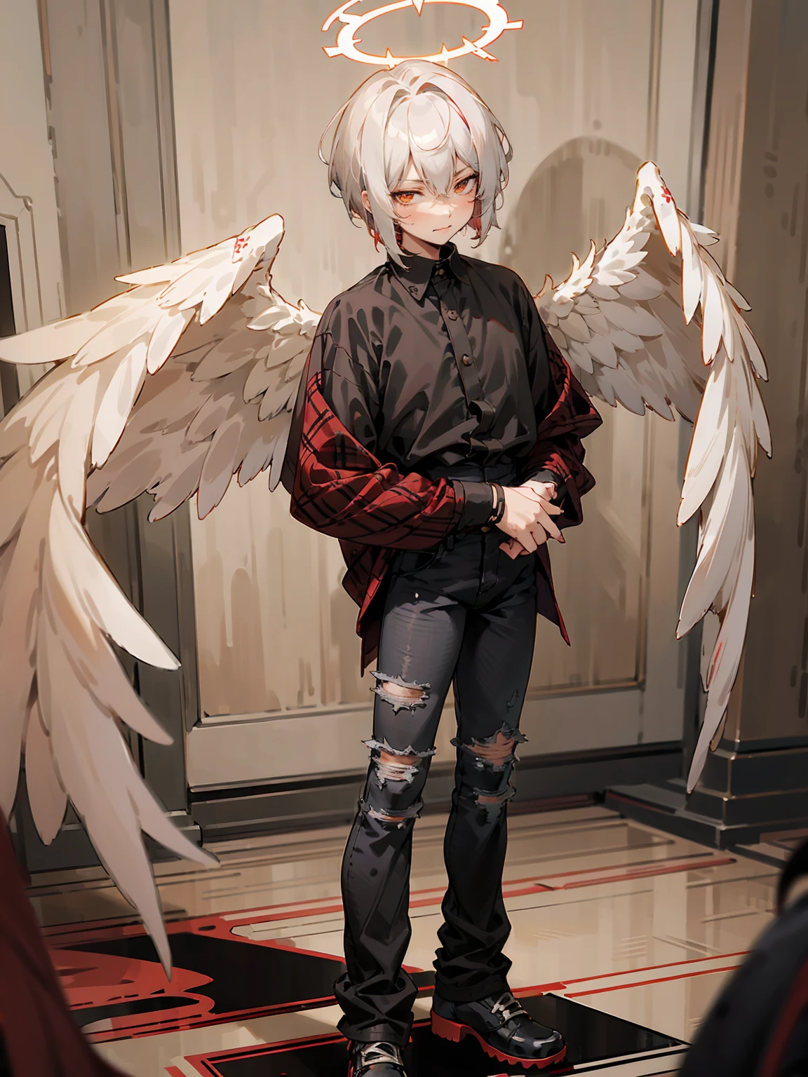 1male, Adult, Two Tone Hair, Crimson and White Hair, Short Hair, Undercut Hair, Red Angel Halo, Black Wings, Golden Eyes, Smirk, Black Flannel Shirt, Black Ripped Jeans, Standing On Path