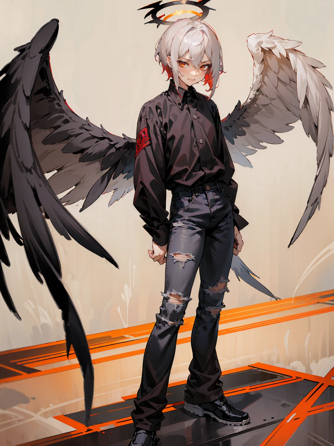 1male, Adult, Two Tone Hair, Crimson and White Hair, Short Hair, Undercut Hair, Red Angel Halo, Black Wings, Golden Eyes, Smirk, Black Flannel Shirt, Black Ripped Jeans, Standing On Path