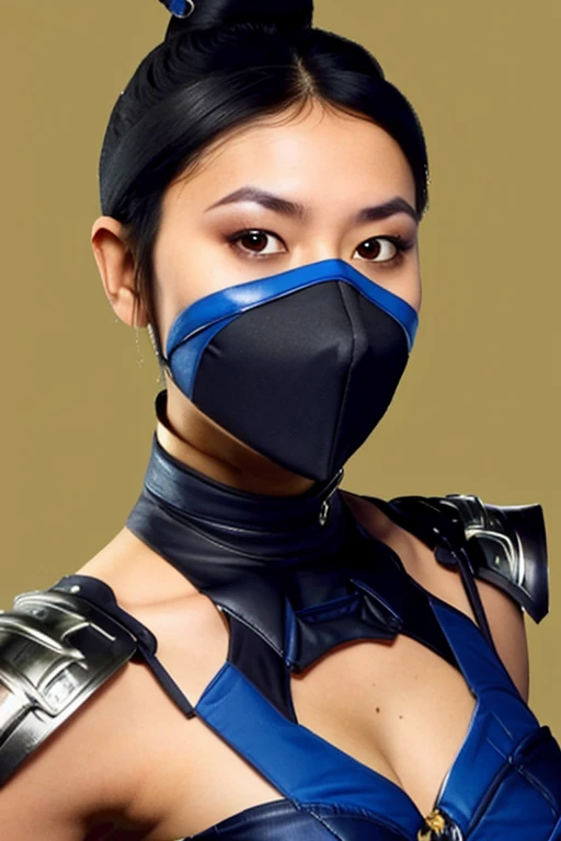 masterpiece, best quality, 1girl, kitana, mouth mask, black hair, hair bun, medium ass,small breast,yellow eyes, dark skin, shoulder armor, cleavage cutout, closeup, sketch, solo, simple background,kiss into camera,mouth mask,eyes close