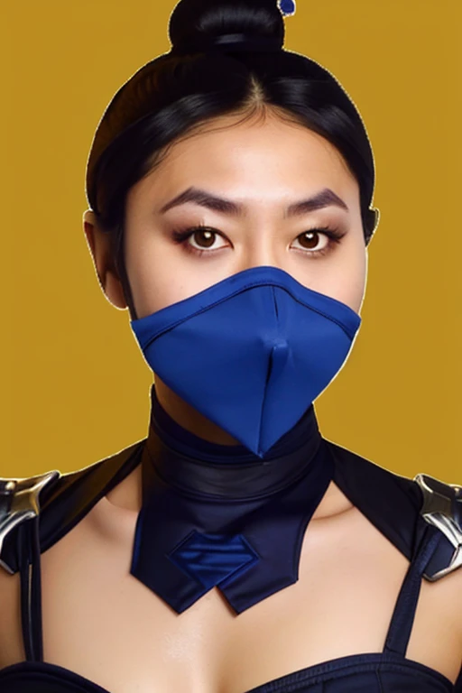 masterpiece, best quality, 1girl, kitana, mouth mask, black hair, hair bun, medium ass,small breast,yellow eyes, dark skin, shoulder armor, cleavage cutout, closeup, sketch, solo, simple background,kiss into camera,mouth mask,eyes close